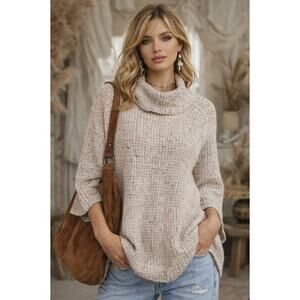 Free People Dylan Tweedy Pullover Sweater Oatmeal Small Cowl Neck Cozy Knit